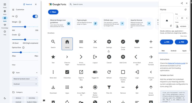 Gestion des fichiers sources - Parametres Google Symbols